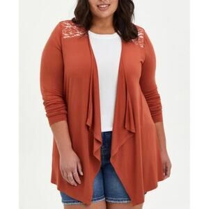 TORRID Super Soft Rust Burnt Orange Front Drape Lace Yoke Cardigan Sweater Sz 1